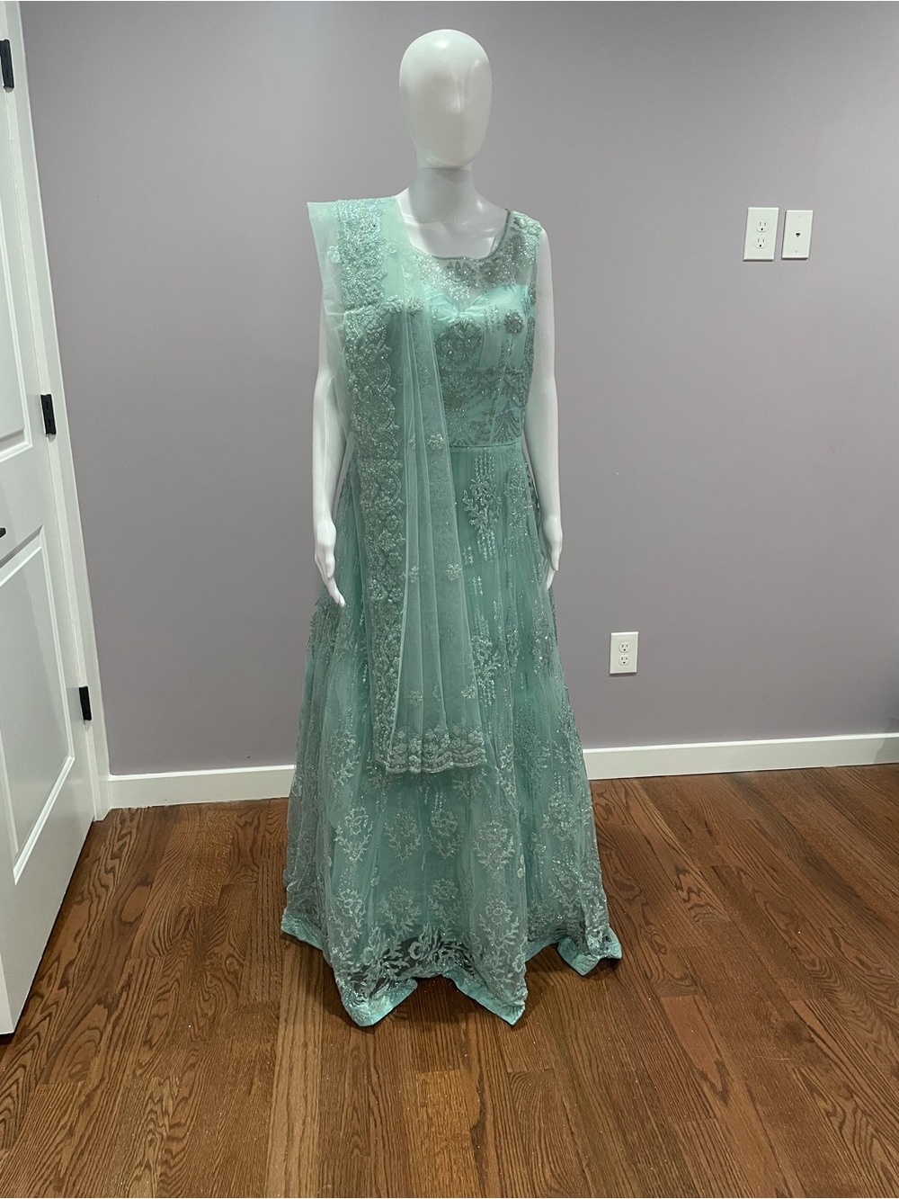 Sleeveless Mint Green Embellished Evening Gown - Picture 5 of 5